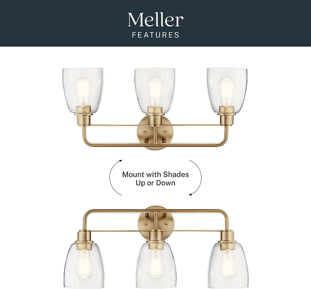 Kichler Meller 24.25' 3-Light Bathroom Vanity Light Fixture with Clear Glass Shades in Champagne Bronze for Mirror or Powder Room (24.25' W x 11.25' H x 7' D) 55102CPZ