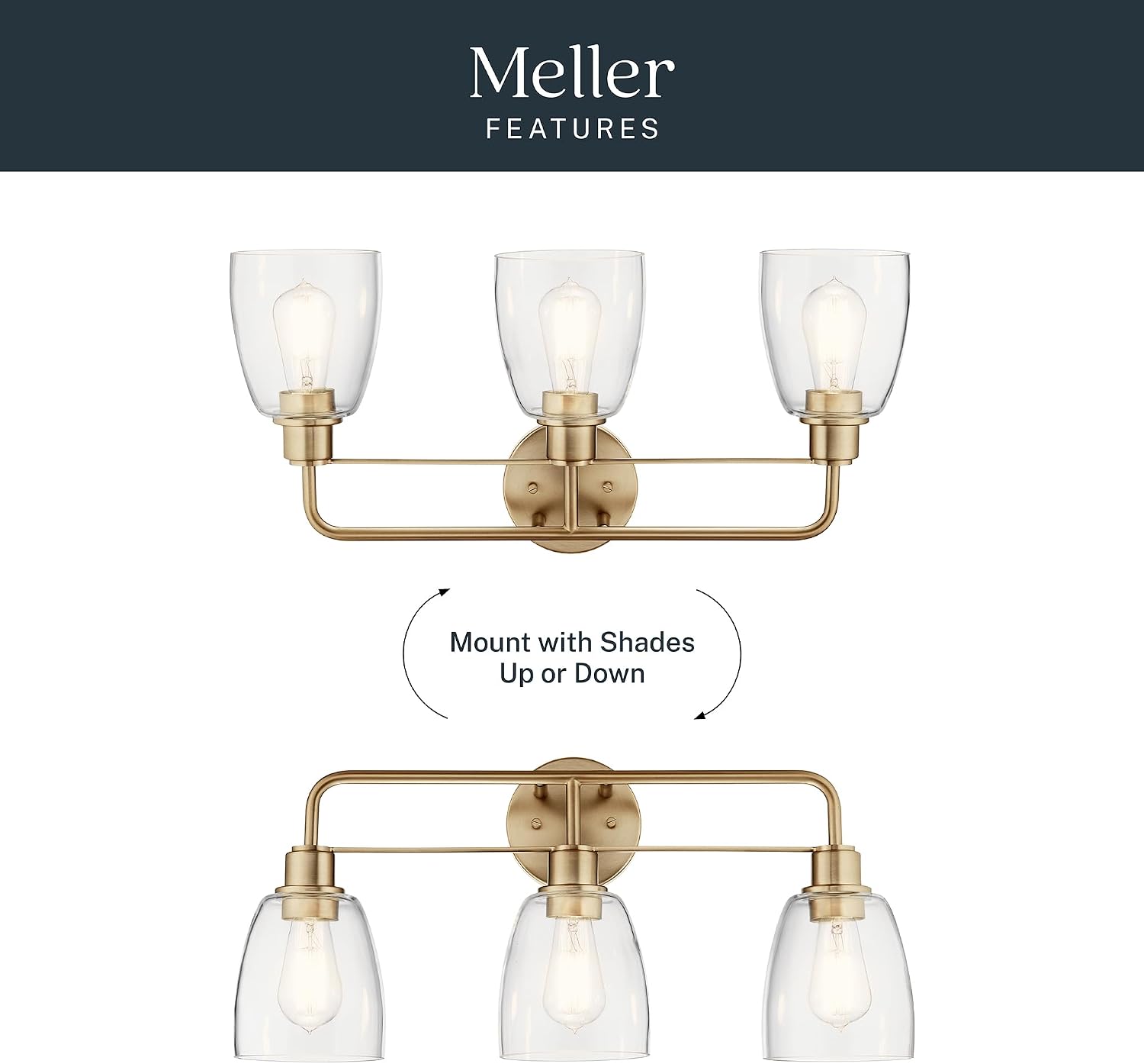 Kichler Meller 24.25' 3-Light Bathroom Vanity Light Fixture with Clear Glass Shades in Champagne Bronze for Mirror or Powder Room (24.25' W x 11.25' H x 7' D) 55102CPZ