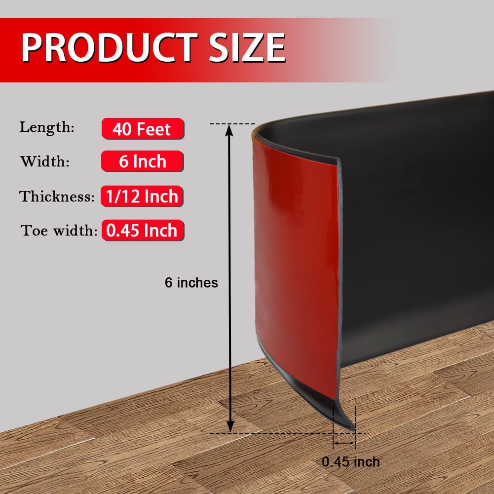 Vinyl Wall Base Baseboard Molding Trim 6' Flexible Self Adhesive Rubber Wall Base Moulding Trim Peel and Stick Design, 6 Inch x 40 Feet, Black