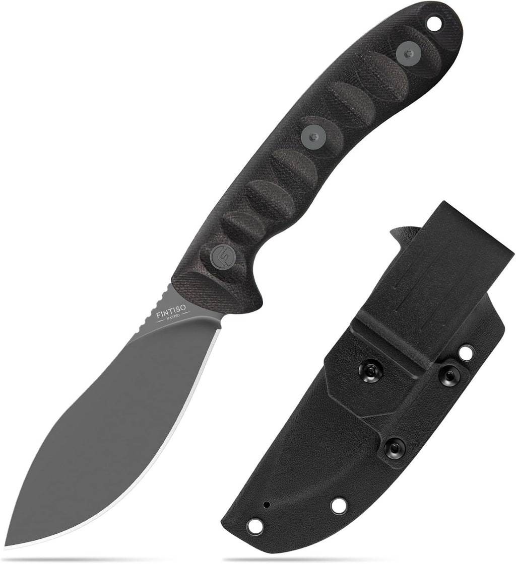 FINTISO Nazar Fixed Blade Knife with Kydex Sheath, 4.24' 14C28N Blade Black G10 Handles, Titanium-coated, Full Tang Design, Lanyard, for Men Outdoor Activities, Camping, Hiking, EDC Carry.