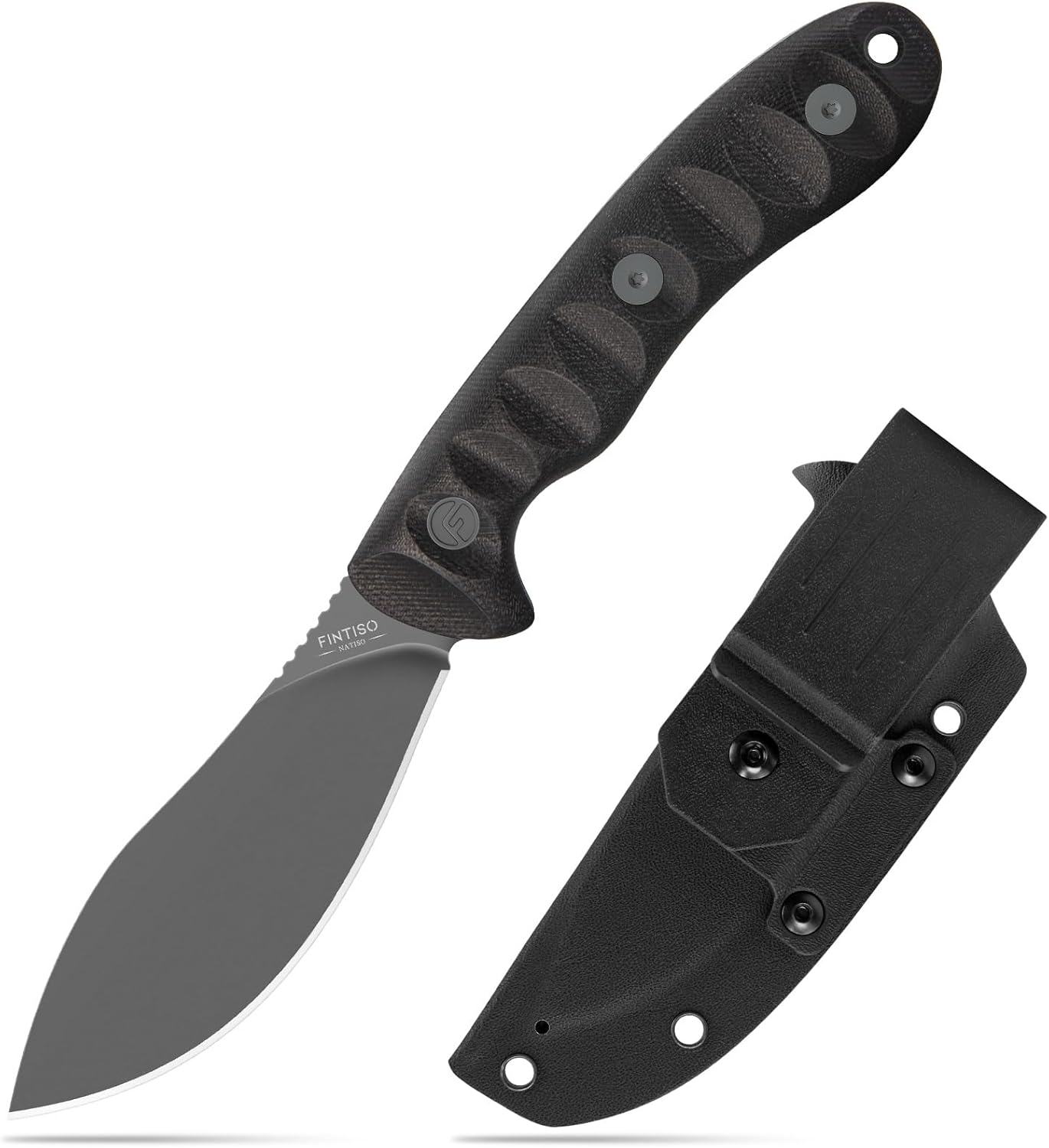 FINTISO Nazar Fixed Blade Knife with Kydex Sheath, 4.24' 14C28N Blade Black G10 Handles, Titanium-coated, Full Tang Design, Lanyard, for Men Outdoor Activities, Camping, Hiking, EDC Carry.