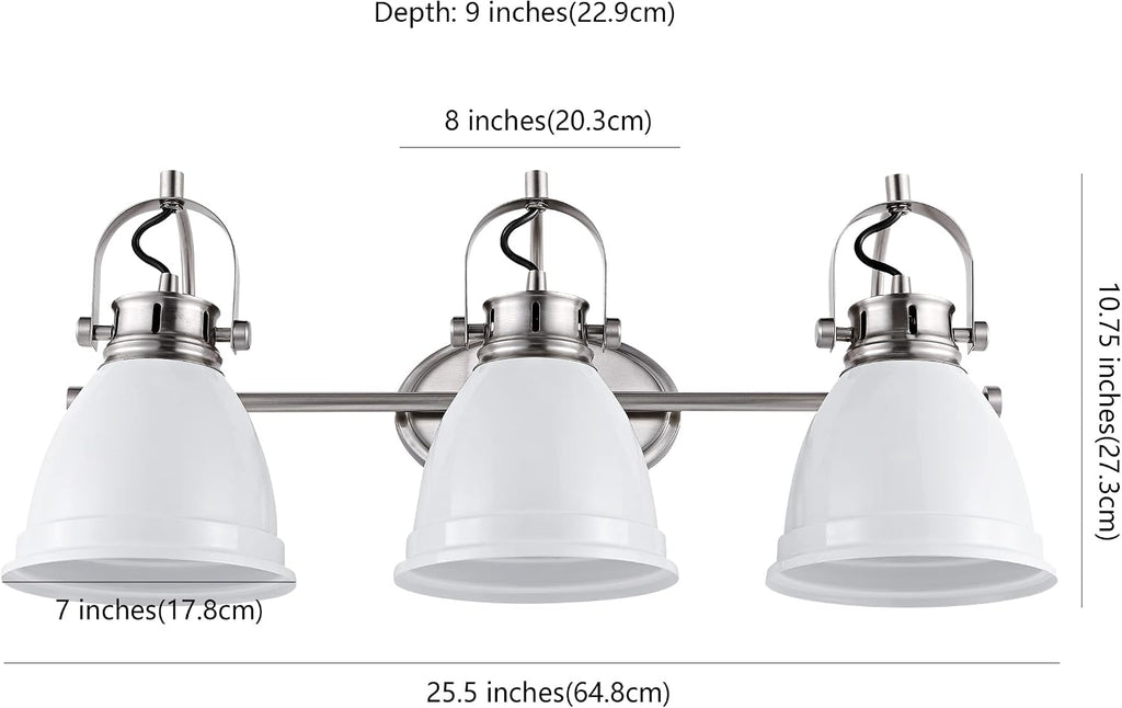 JONATHAN Y 25.5' White/Nickel 3-Light LED Vanity Light, Adjustable Wall Sconce for Bathroom Mirror, Farmhouse Bohemian Kitchen Light, Iron Black Bell Shade (JYL1116B)