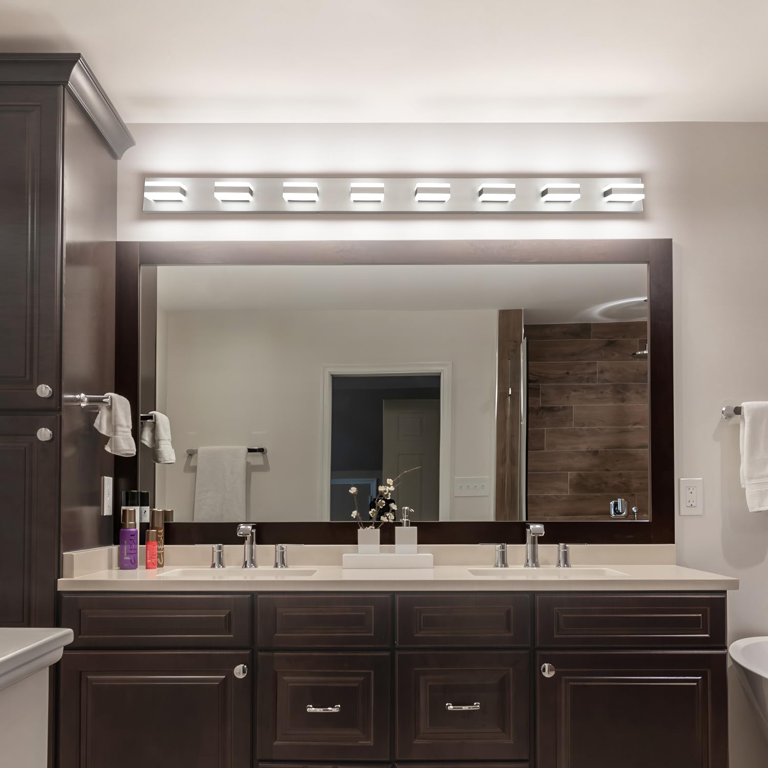 SOLFART Bathroom Light Fixtures Brushed Nickel Vanity Lights for Bathroom Above Mirror, 8 Light Led Lighting Fixture, Nickel Vanity Light, 61 Inch Vanity Light Over Mirror