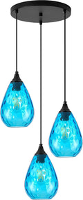 Blue 3-Light Pendant Lighting, Modern Dining Room Light Fixture Over Table with Hammered Glass, Cluster Hanging Lights for Kitchen Island Dining Room