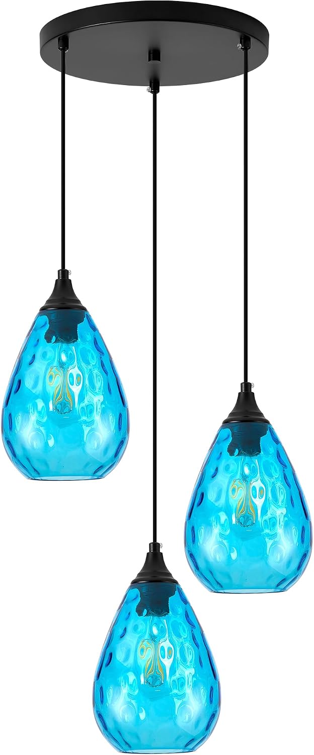 Blue 3-Light Pendant Lighting, Modern Dining Room Light Fixture Over Table with Hammered Glass, Cluster Hanging Lights for Kitchen Island Dining Room