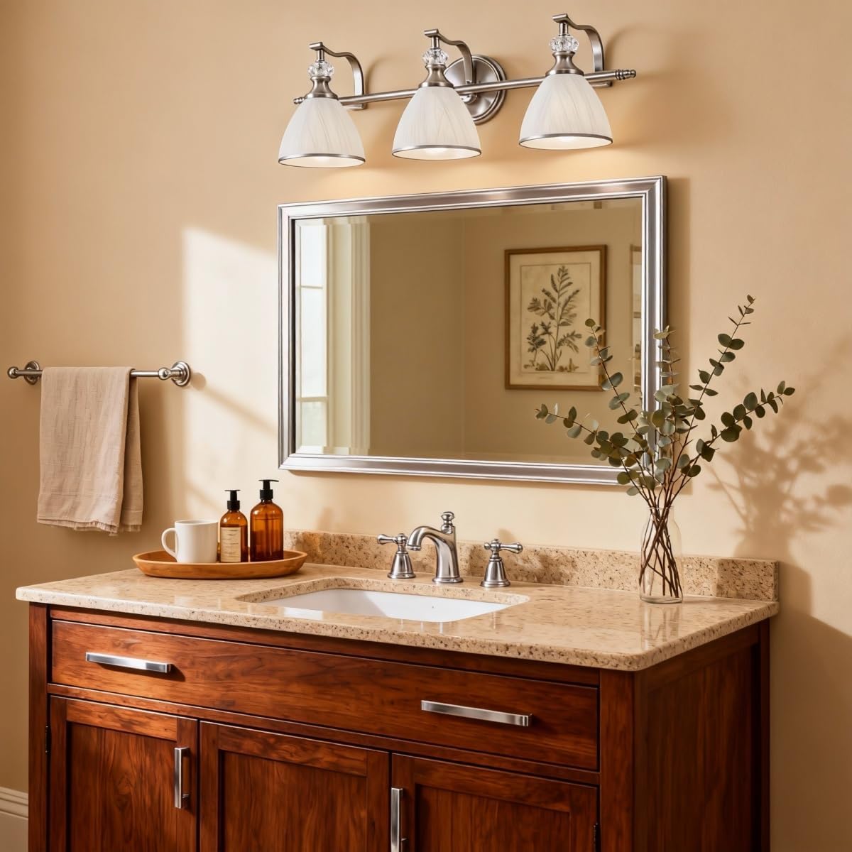 ANDY STAR Bathroom Light Fixture, 3-Light Bathroom Vanity Light Brushed Nickel, Vintage Wall Sconce with Hand-Painted Frosted Lampshade, Wall Lamp in Silver Finish for Bedroom, Living Room, Restroom
