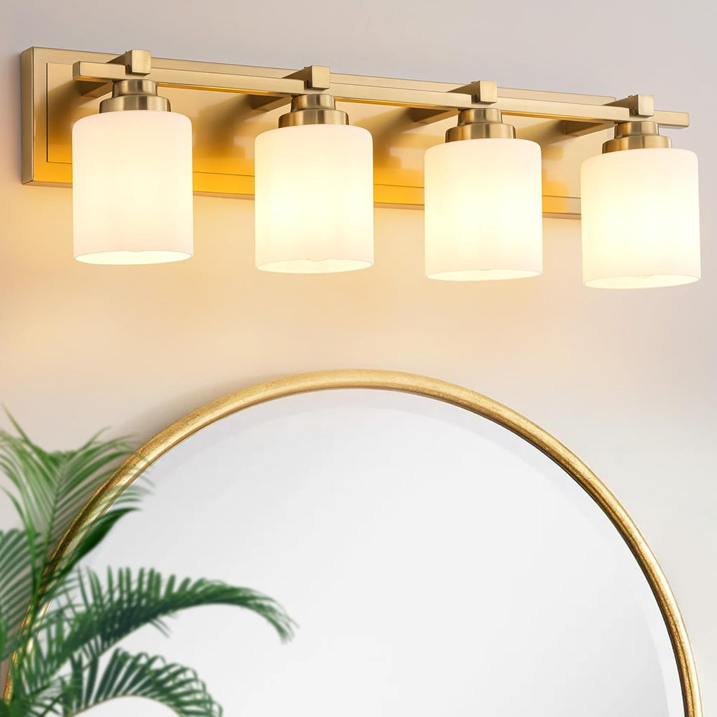 Modern Bathroom Light Fixtures Over Mirror, Vanity Lights for Bathroom Wall Sconces with Milky White Glass Shades, E26 Socket (Bulbs Not Included), 4 Light, Brass