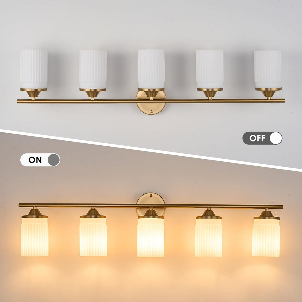 Jonsi Gold Bathroom Light Fixtures 5-Light Vanity Lights Modern Wall Sconce with Milk White Shade Brushed Brass Bathroom Light Fixture Over Mirror for Bedroom Hallway Kitchen