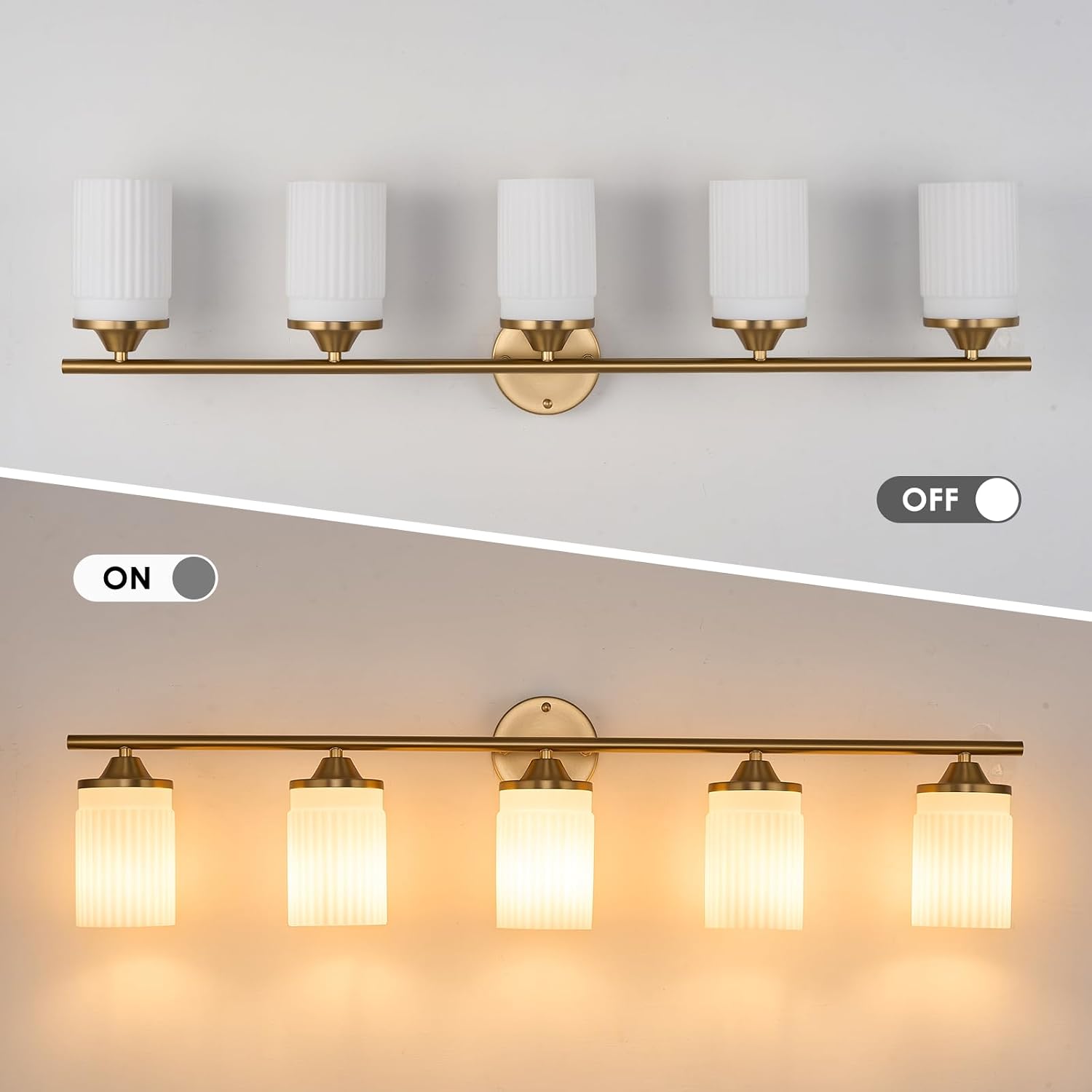 Jonsi Gold Bathroom Light Fixtures 5-Light Vanity Lights Modern Wall Sconce with Milk White Shade Brushed Brass Bathroom Light Fixture Over Mirror for Bedroom Hallway Kitchen