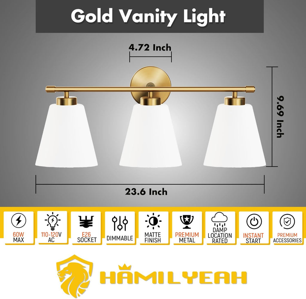 Hamilyeah Gold Bathroom Vanity Light Fixtures Over Mirror, 3 Light Vanity Lights with Frosted Glass, Industrial Vanity Lighting Fixtures for Bath, Restroom