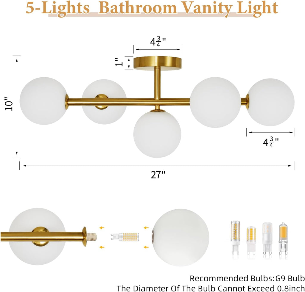 Gold Bathroom Vanity Light Fixtures: Modern Bath 5 Lights Brushed Golden Brass Wall Sconce Lighting - Vanity Light with Milk Globe Bubble Glass Shade - Midcentury Bathroom Lights Over Mirror G9 Base
