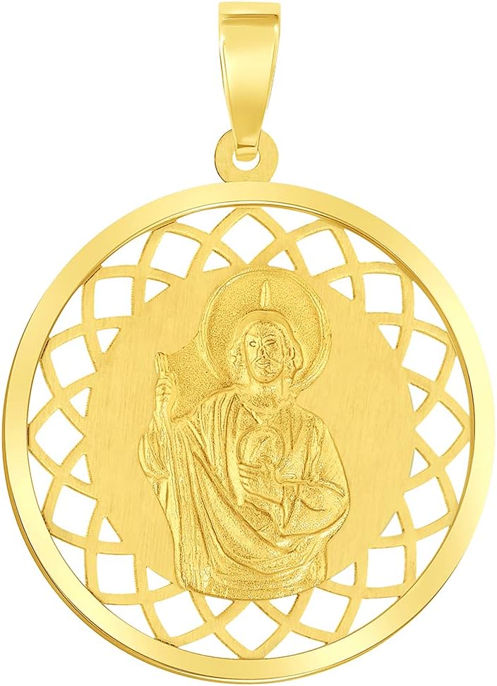 Jewelry America 14k Yellow Gold Round Open Ornate Miraculous Medal of Saint Jude Thaddeus the Apostle Pendant (1')