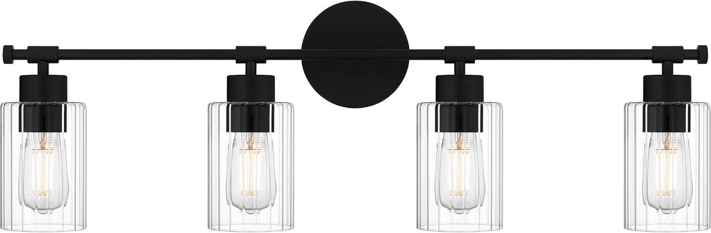Quoizel Caputo Bath Vanity Lights, 32 Inch 4-Light Matte Black Lighting Fixtures Over Mirror, Clear Ribbed Glass, 100W, Modern Industrial Wall Mount Light for Bathroom, Dresser or Sink