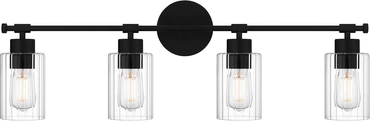 Quoizel Caputo Bath Vanity Lights, 32 Inch 4-Light Matte Black Lighting Fixtures Over Mirror, Clear Ribbed Glass, 100W, Modern Industrial Wall Mount Light for Bathroom, Dresser or Sink