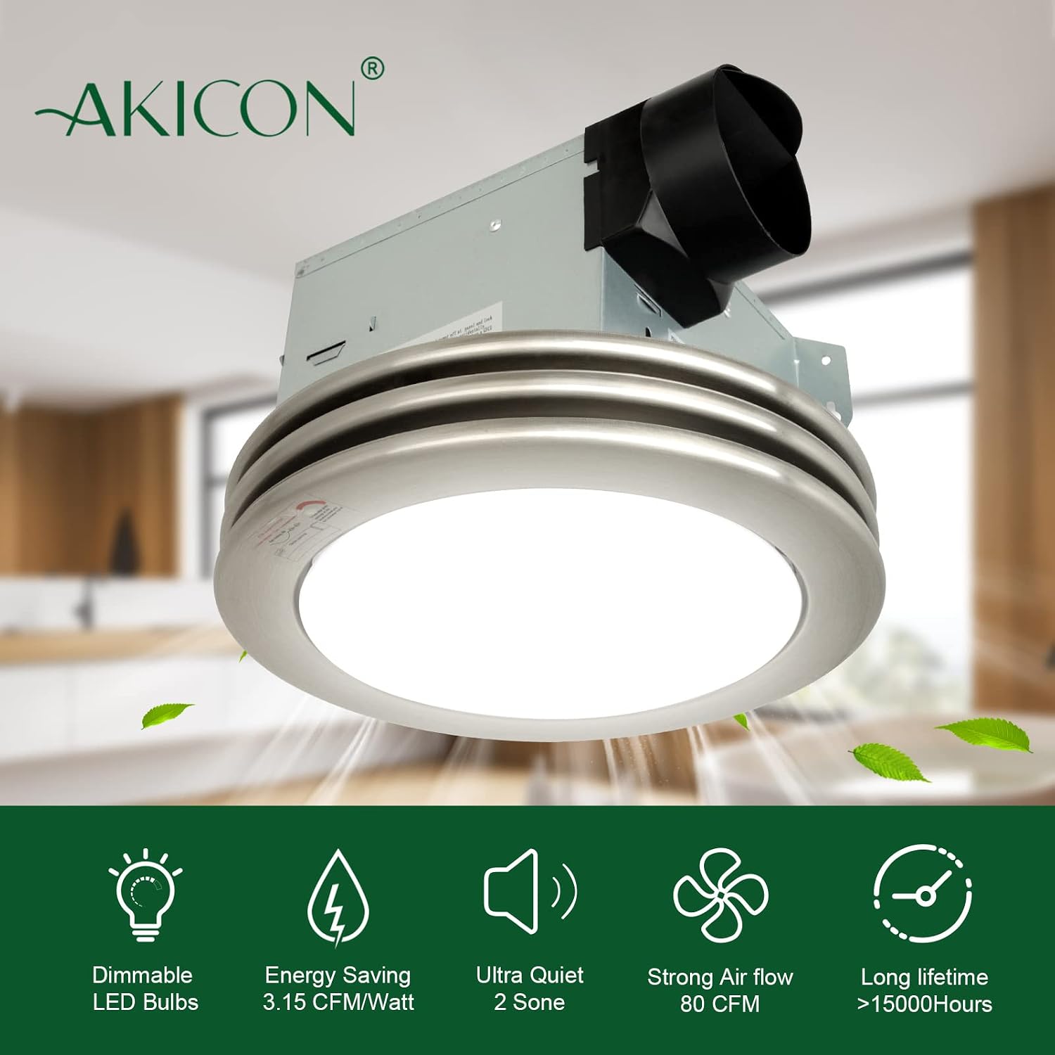 Akicon Ultra Quiet Bathroom Exhaust Fan with LED Light 80CFM 2.0 Sones Round Bathroom Ventilation Fan with Frosted Glass Cover Brushed Nickel Finish (Brushed Nickel)