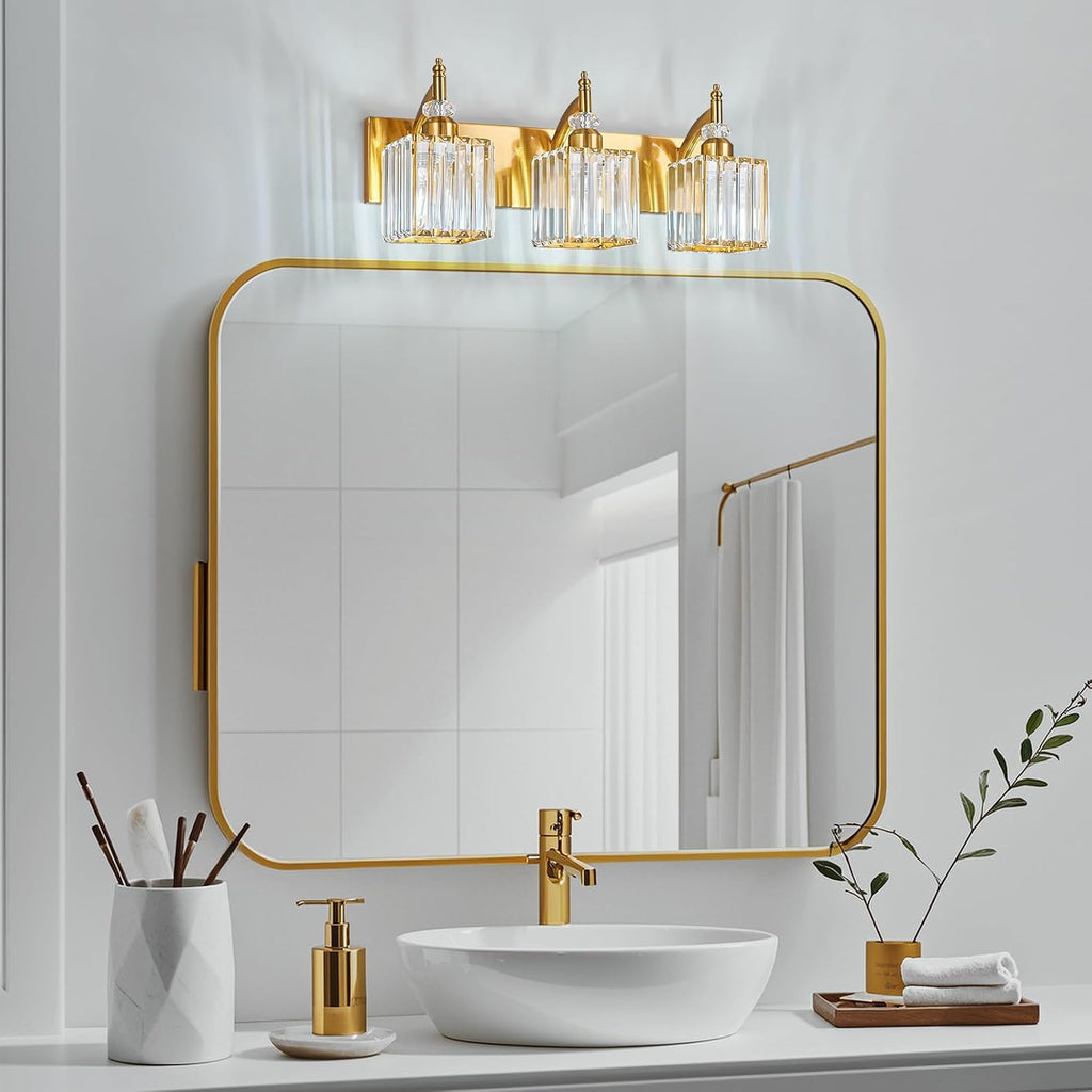 Modern Bathroom Vanity Light 3-Light Gold Crystal Light Fixtures Over Mirror for Bathroom Wall Sconce