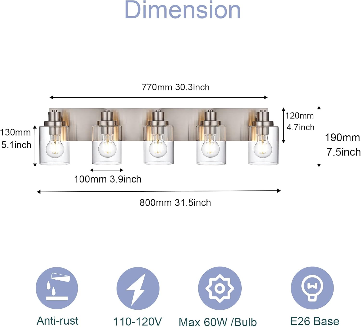 5 Light Brushed Nickel Vanity Lights Bathroom Lighting Fixtures Over Mirror, Modern Bathroom Lights with Clear Glass Shade, Farmhouse Vanity Wall Sconces Lighting for Bedroom Living Room