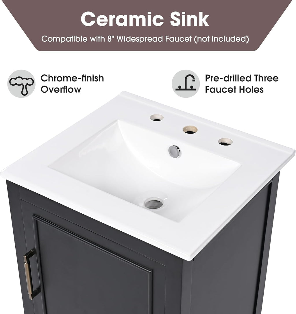 Bellemave 20-inch Bathroom Vanity with Ceramic Sink Combo Set, Solid Wood Frame Bathroom Storage Cabinet with Drawer and Soft Closing Cabinet Door with Storage Rack, Black