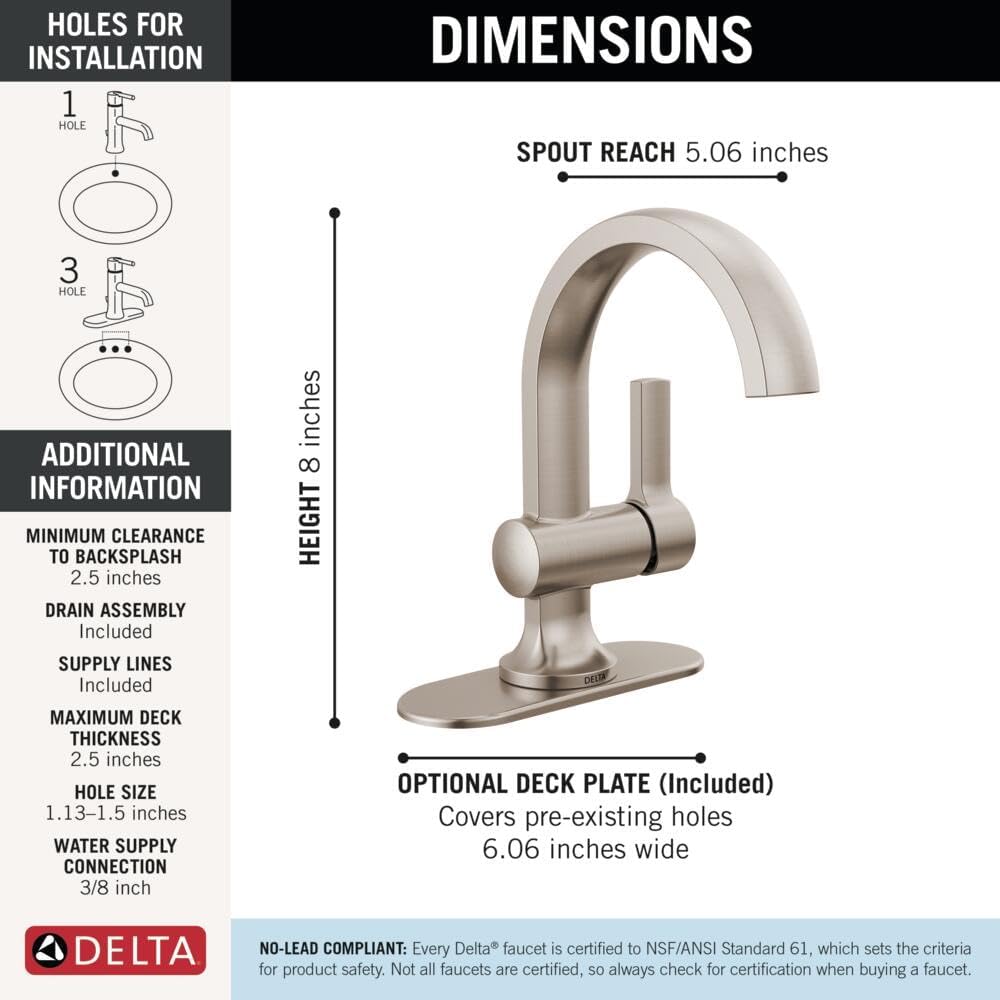 Delta Albion Brushed Nickel Bathroom Faucet 1 Hole, Single Hole Bathroom Sink Faucet for Vanity, Metal Push-Pop Drain Assembly, SpotShield Brushed Nickel 15855LF-SP