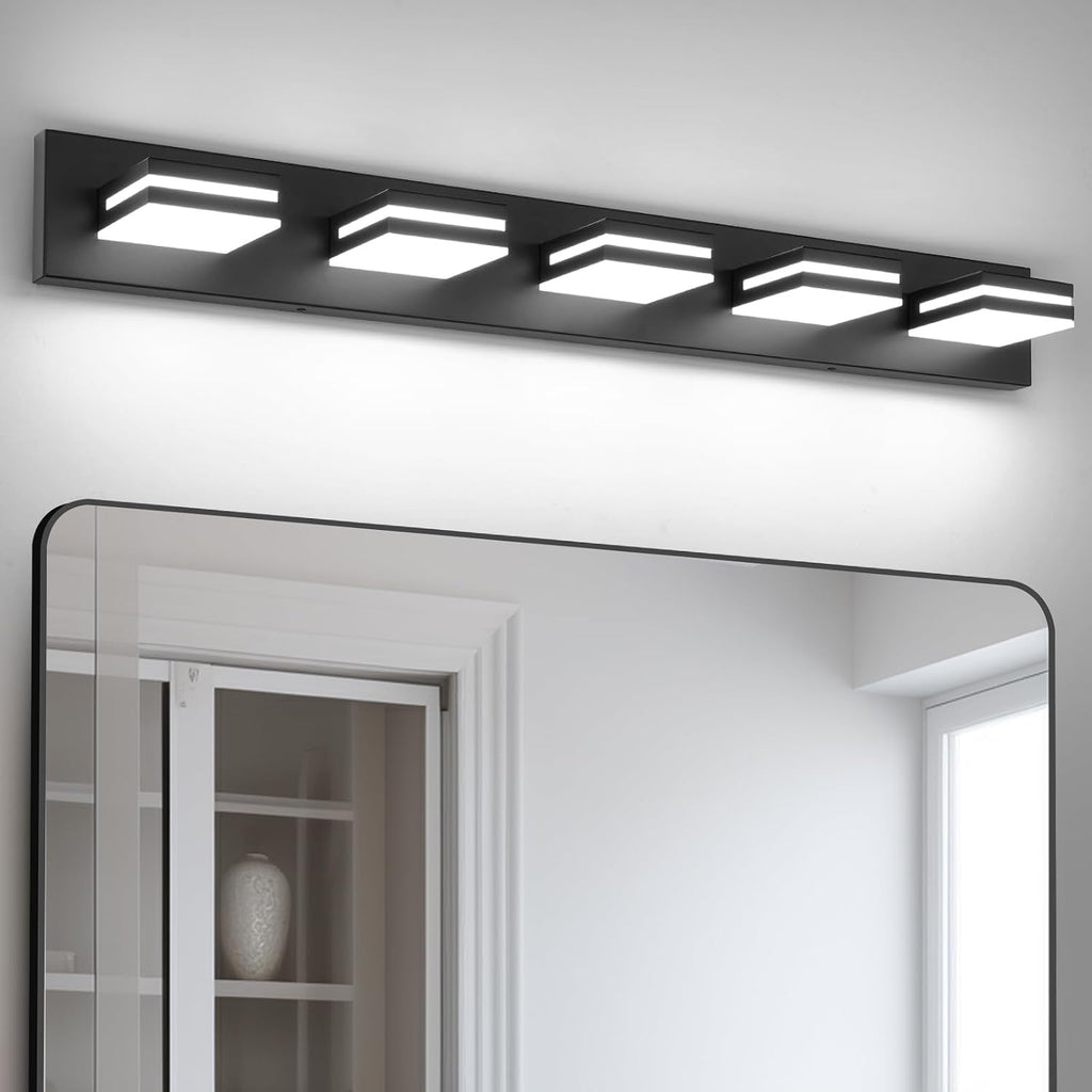 OKELI 5 Light Bathroom Vanity Light Matte Black Modern 36W LED Dimmable Vanity Light Over Mirror 350° Adjustable Lamp Head Cold White 6000K ETL Listed 36.2Inch