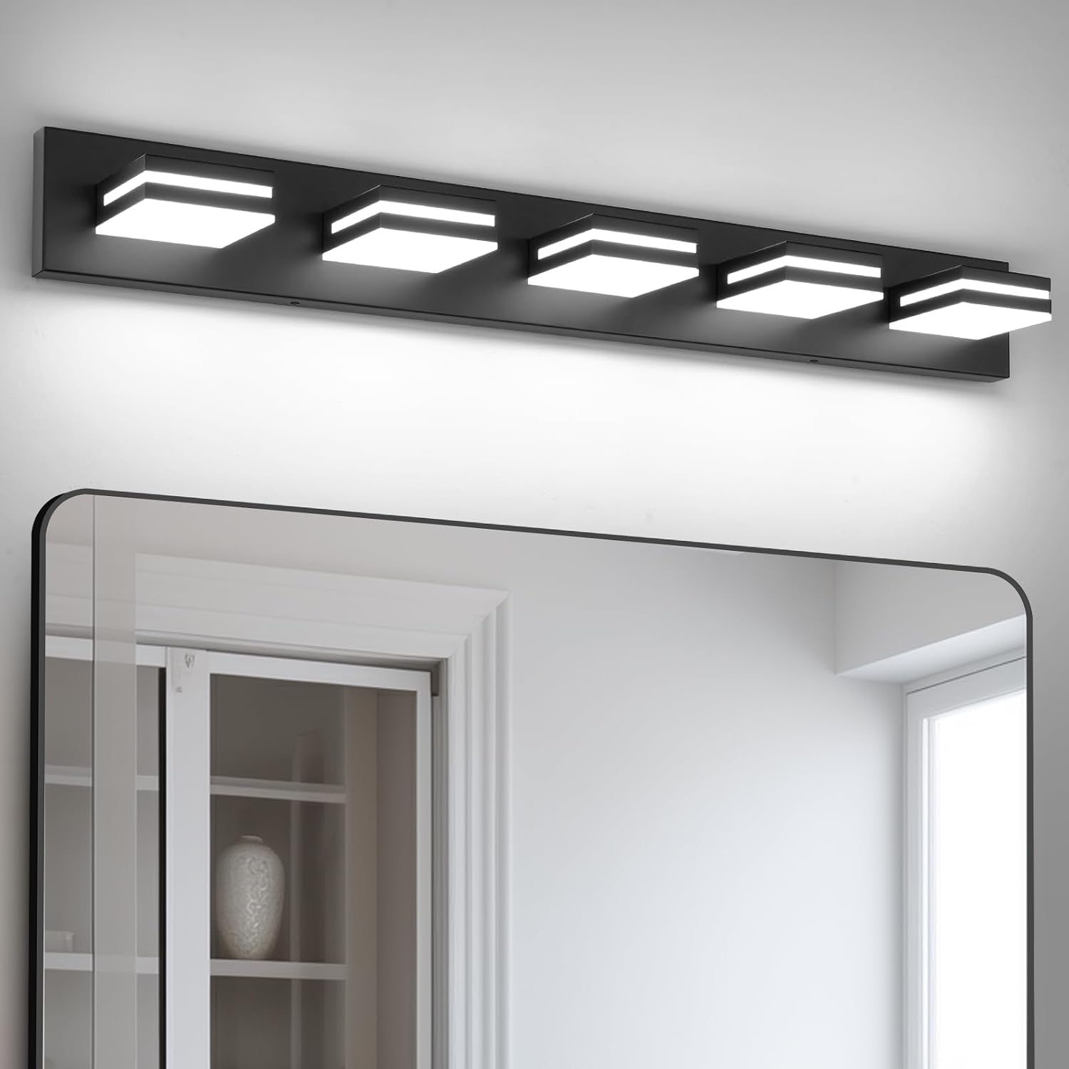 OKELI 5 Light Bathroom Vanity Light Matte Black Modern 36W LED Dimmable Vanity Light Over Mirror 350° Adjustable Lamp Head Cold White 6000K ETL Listed 36.2Inch