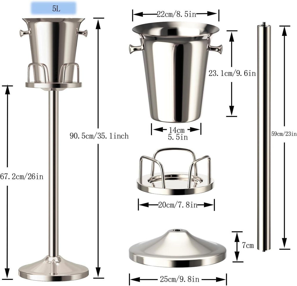 Ice Bucket with Stand Standing Champagne bucket for Party Stainless Steel Wine Bucket Wine Cooler with Stand 5L Wine Chiller for Bar Ktv Weding