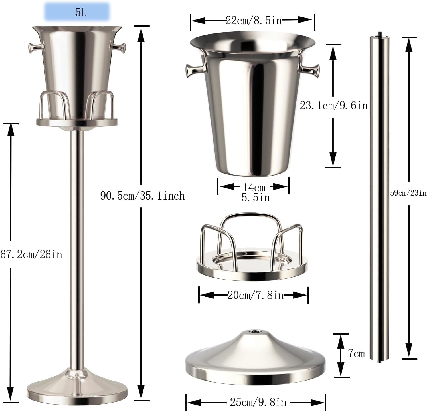Ice Bucket with Stand Standing Champagne bucket for Party Stainless Steel Wine Bucket Wine Cooler with Stand 5L Wine Chiller for Bar Ktv Weding