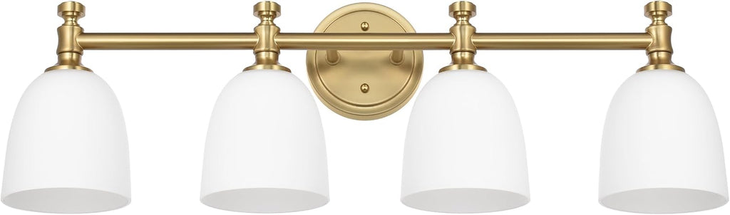 Gold Bathroom Vanity Light, 4-Light Bathroom Light Fixtures Over Mirror, Traditional Vanity Lights for Living Room, Milk White Bell Glass Shades, Standard E26 Base, Aged Brass