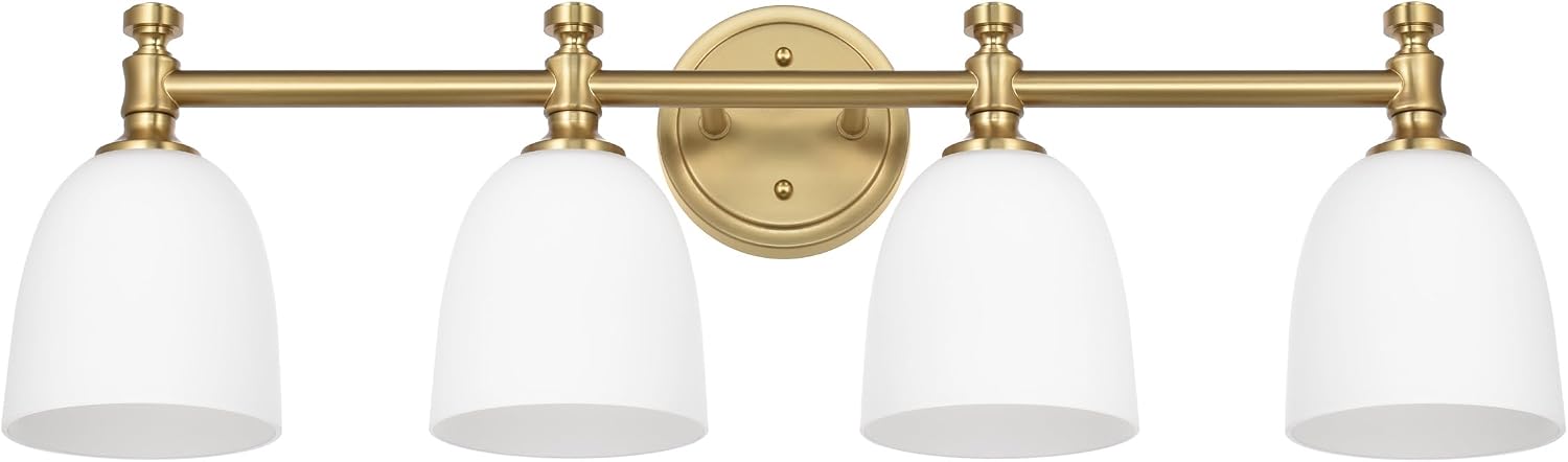 Gold Bathroom Vanity Light, 4-Light Bathroom Light Fixtures Over Mirror, Traditional Vanity Lights for Living Room, Milk White Bell Glass Shades, Standard E26 Base, Aged Brass
