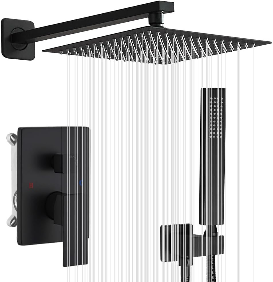 Matte Black Shower System 12 Inch Bathroom Luxury Rain Mixer Shower Combo Set Wall Mounted Rainfall Shower Head and Handheld System Shower Faucet Set Rough-in Valve Body and Trim Kit