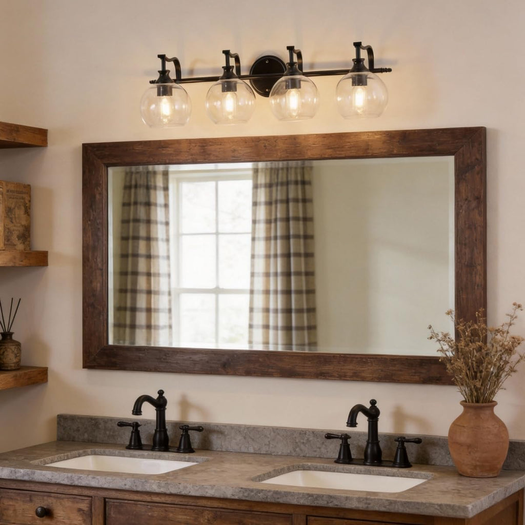 ANDY STAR 4 Light Bathroom Vanity Lights, Matte Black Bathroom Light with Clear Globe Glass Lampshade, 30.5 Inch Industrial Wall Lamp, E26 Base, Bulbs Not Included