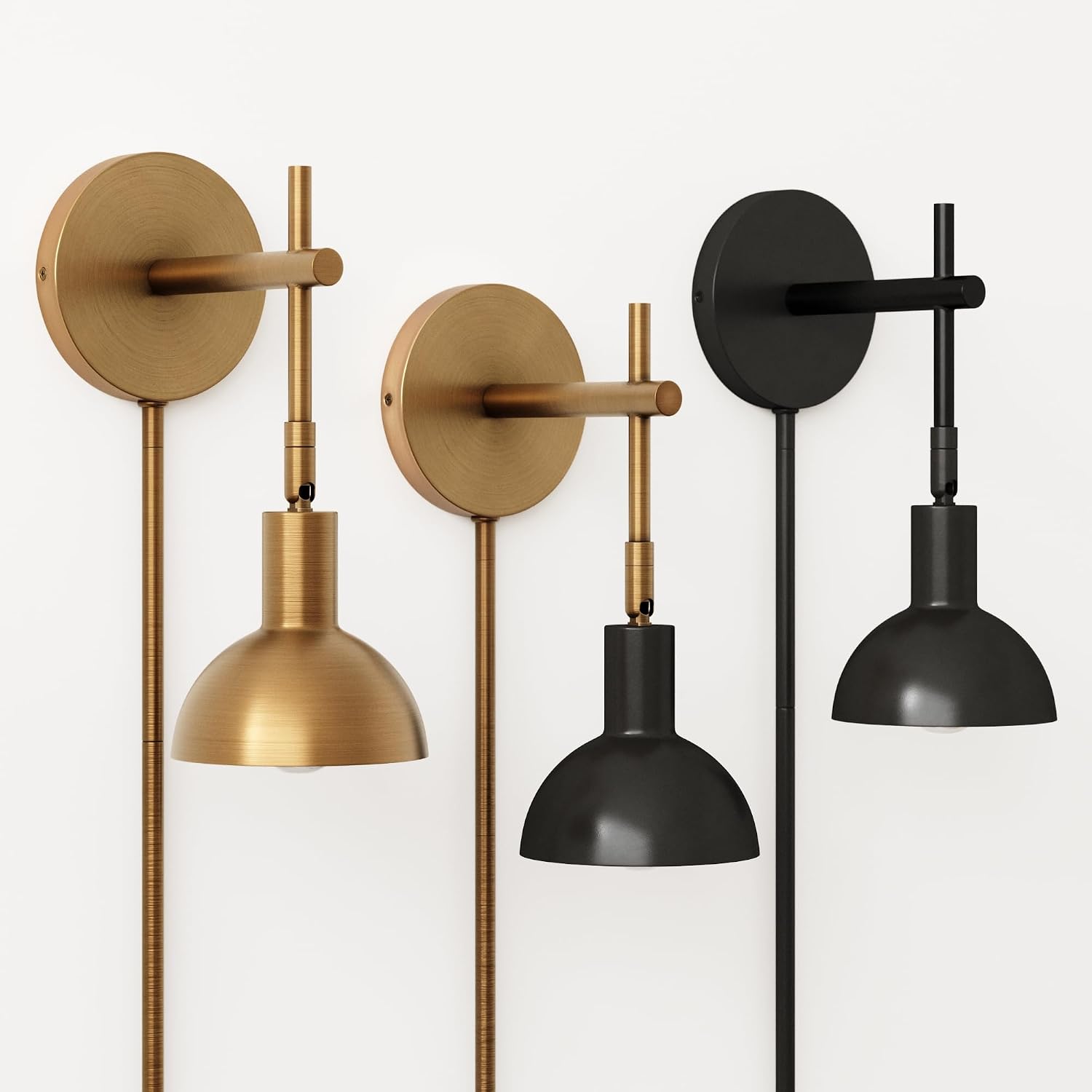 Nathan James Tamlin Wall Light Fixture, Wall Mounted 1-Light Lamp, Plugin Sconce with On/Off Switch for Living Room, Reading Nook or Bedroom, Vintage Brass/Matte Black, Set of 2
