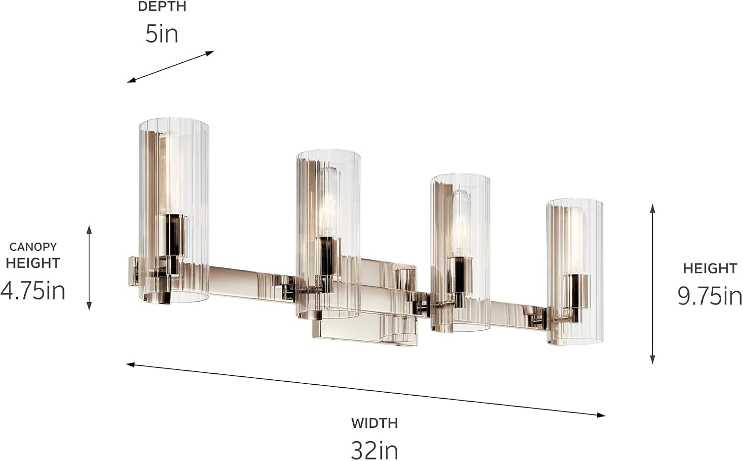 Kichler Jemsa 4-Light Bathroom Vanity Light Fixture with Clear Fluted Glass in Polished Nickel, Modern Wall Mount Light for Bathroom Over Mirror (9.75' x 32'), 55169PN