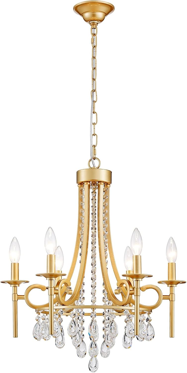 Modern Crystal Chandeliers for Dining Room, 6-Lights Gold Round Chandelier for Entryway, Crystal Chandelier Pendant Ceiling Lighting Fixture for Living Room Bedroom Kitchen Island Foyer Staircase