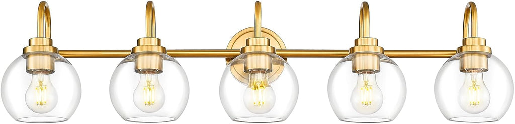 Bathroom Light Fixtures, 5-Light Brushed Gold Vanity Lights with Globe Clear Glass, 35 Inch Champagne Bronze Vanity Lighting Fixtures Over Mirror, AD-22280-5W-GD