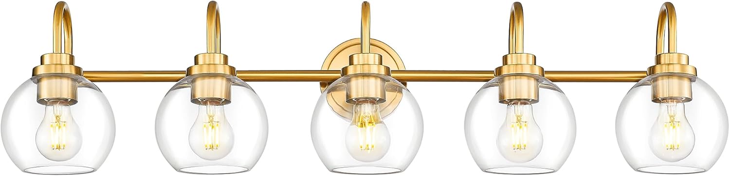 Bathroom Light Fixtures, 5-Light Brushed Gold Vanity Lights with Globe Clear Glass, 35 Inch Champagne Bronze Vanity Lighting Fixtures Over Mirror, AD-22280-5W-GD