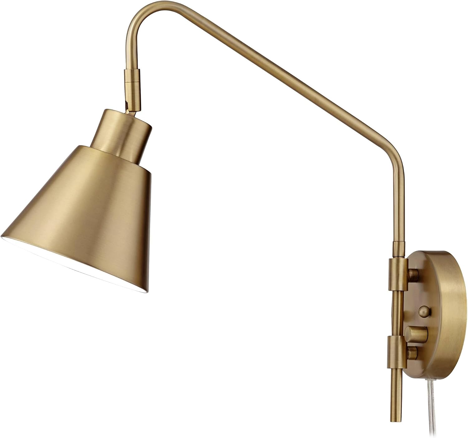 360 Lighting Marybel Modern Adjustable Swing Arm Wall Lamps Set of 2 Brass Gold Plug-in Light Fixture Tapered Cone Metal Shade for Bedroom Bedside House Reading Living Room Home Hallway