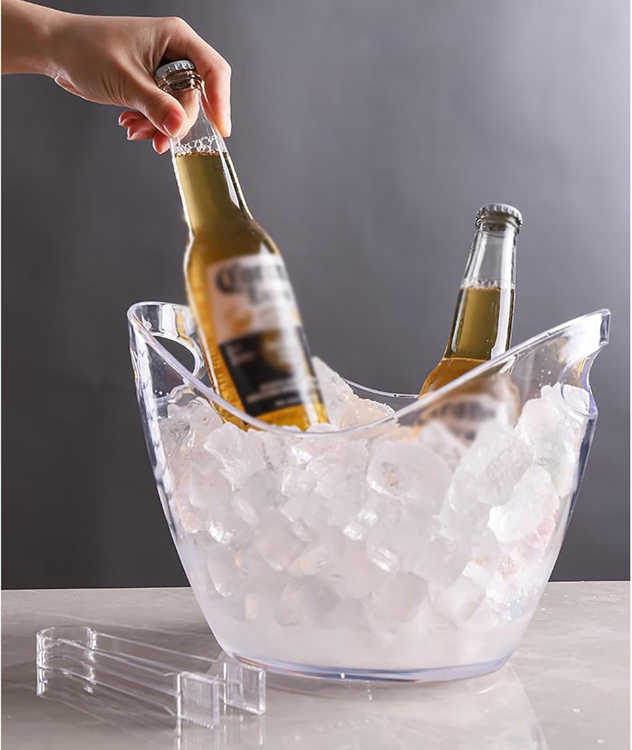 Ice Bucket 8 Liter Acrylic Ice Bucket with Tongs, Plastic Tub Oval Storage Buckets for 2 Wine or Champagne Bottles