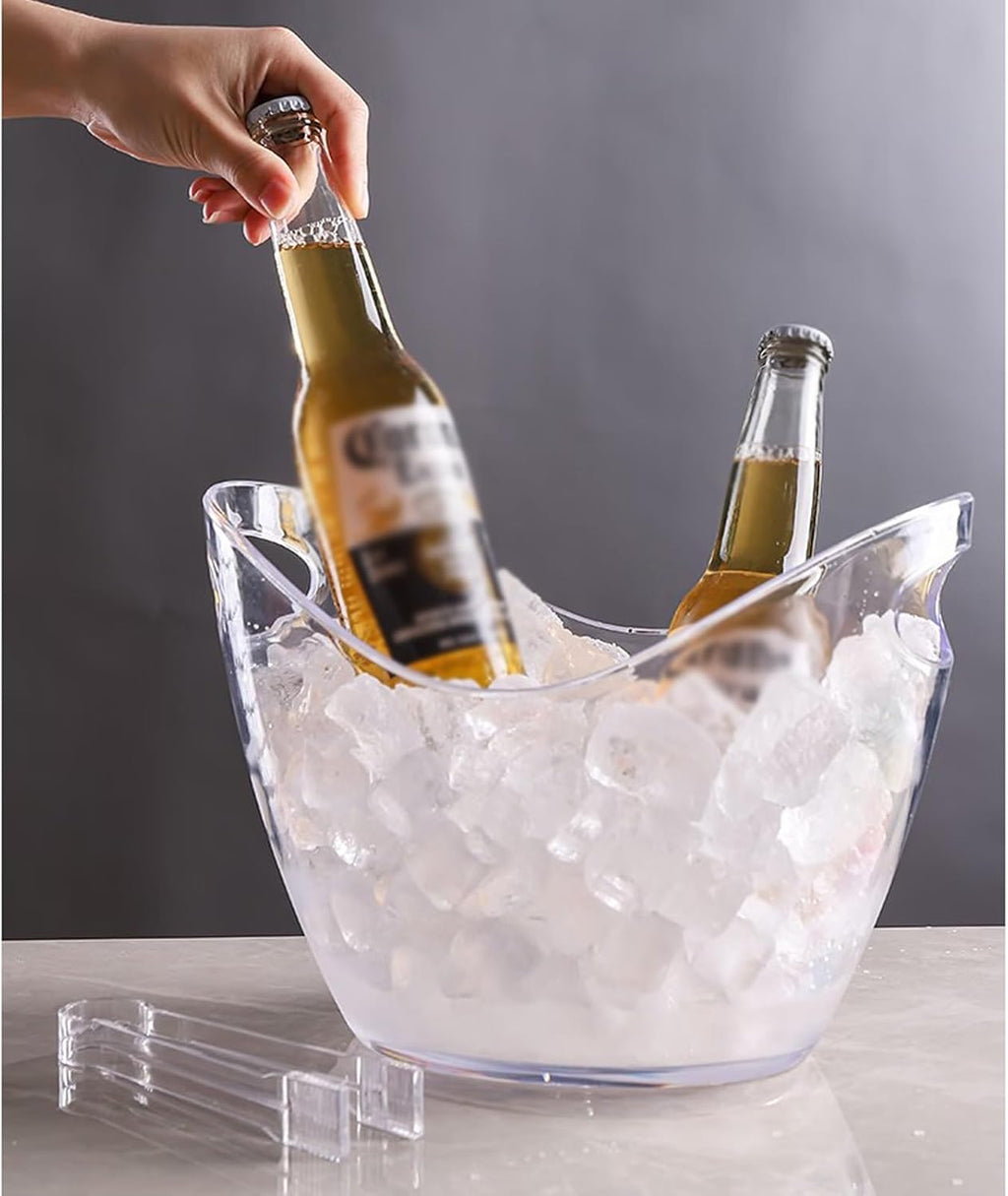 Ice Bucket Clear Acrylic Ice Bucket with Tongs, 8 Liter Plastic Tub Oval Storage Buckets for Drinks and Parties Wine, Beer, Champagne