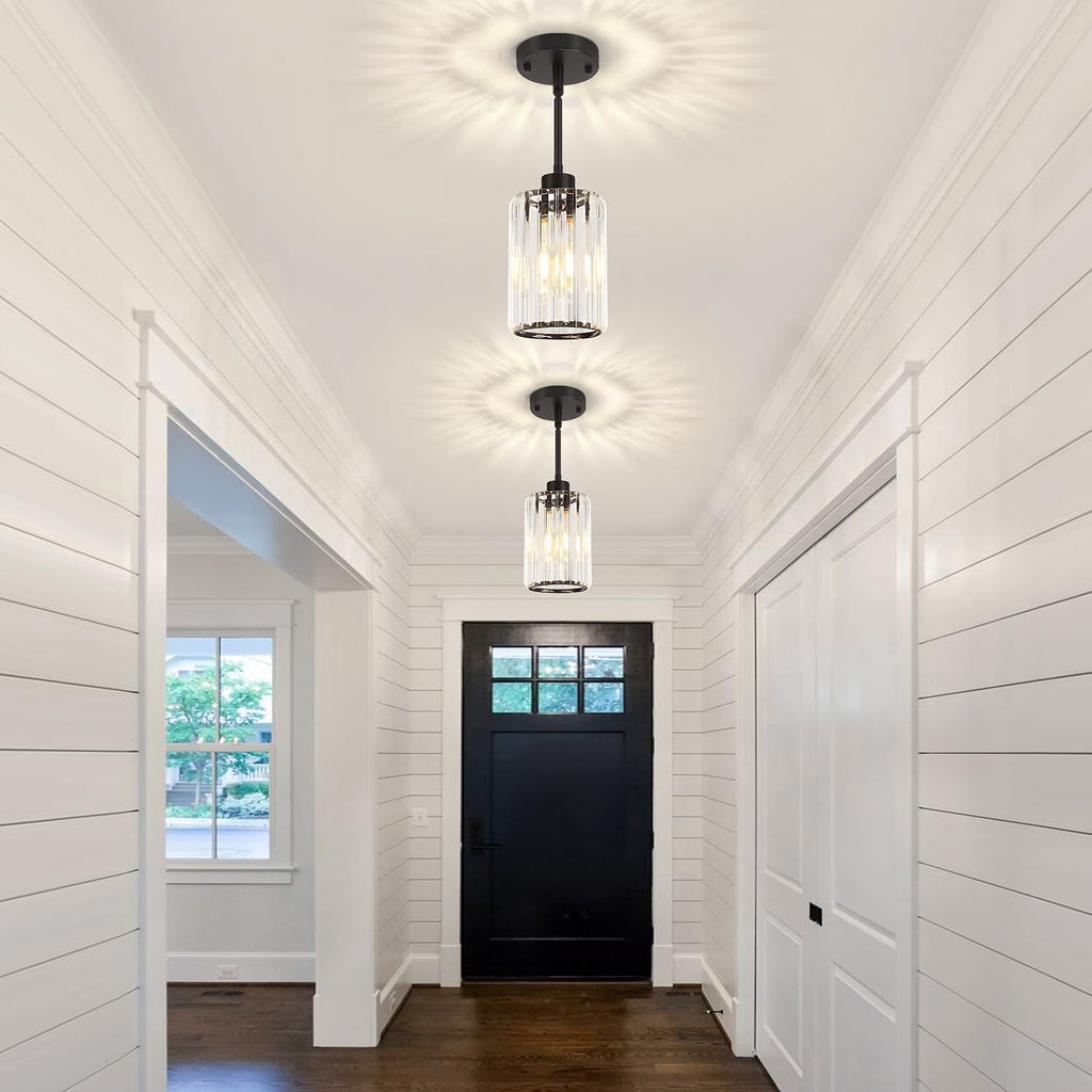 3 Pack Black Pendant Lights Kitchen Island, Modern Crystal Pendant Lighting Over Island, Hanging Kitchen Light Fixtures, Adjustable Mini Pendant Light for Bathroom Dining Room Hallway