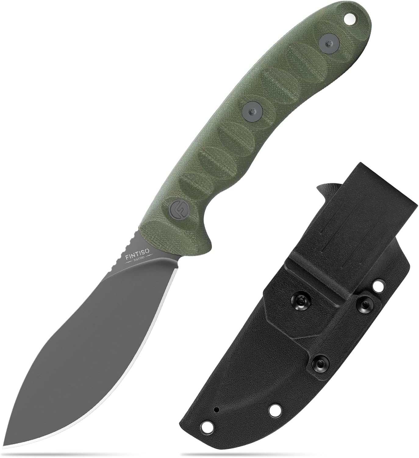 FINTISO Nazar Fixed Blade Knife with Kydex Sheath, 4.24' 14C28N Blade Olive G10 Handles, Titanium-coated, Full Tang Design, Lanyard, for Men Outdoor Activities, Camping, Hiking, EDC Carry.