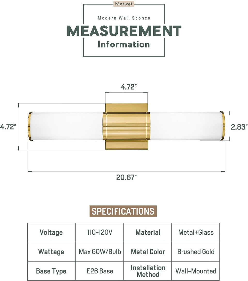 Bathroom Light Fixtures Set of 2, 2 Light Vanity Lights for Mirror with Milk Glass Shade, Up and Down Wall Sconces for Bathroom Bedroom Hallway, Brushed Gold, VL834-BG-ML-2PK