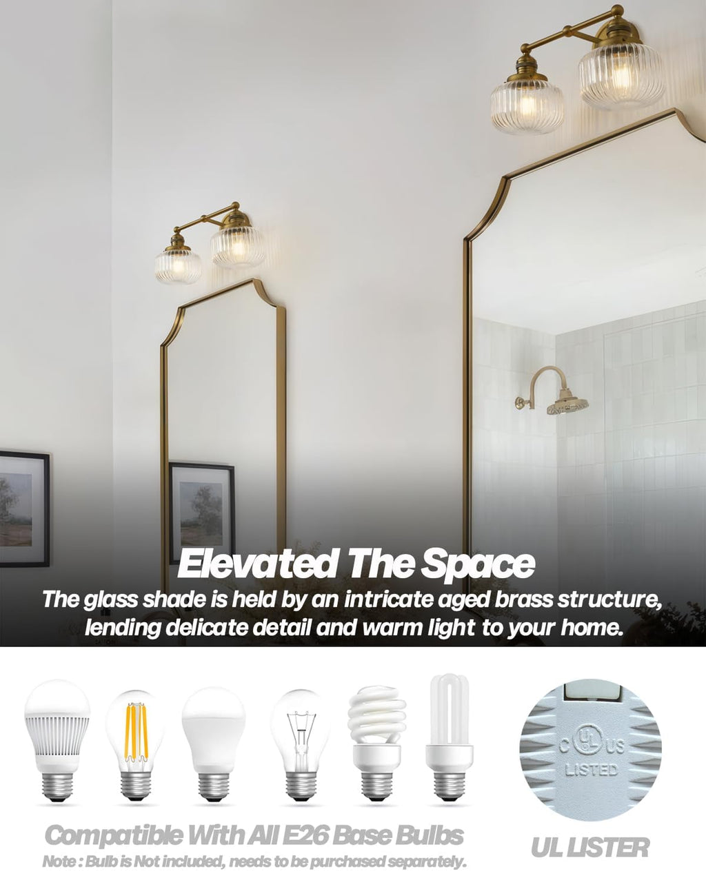 Double Vintage Wall Sconces 2-Lights Brass Gold Bathroom Vanity Light with Clear Striped Glass Shade Indoor Hardwire Wall Sconce Lighting for Bathroom Living Room Bedroom Kitchen