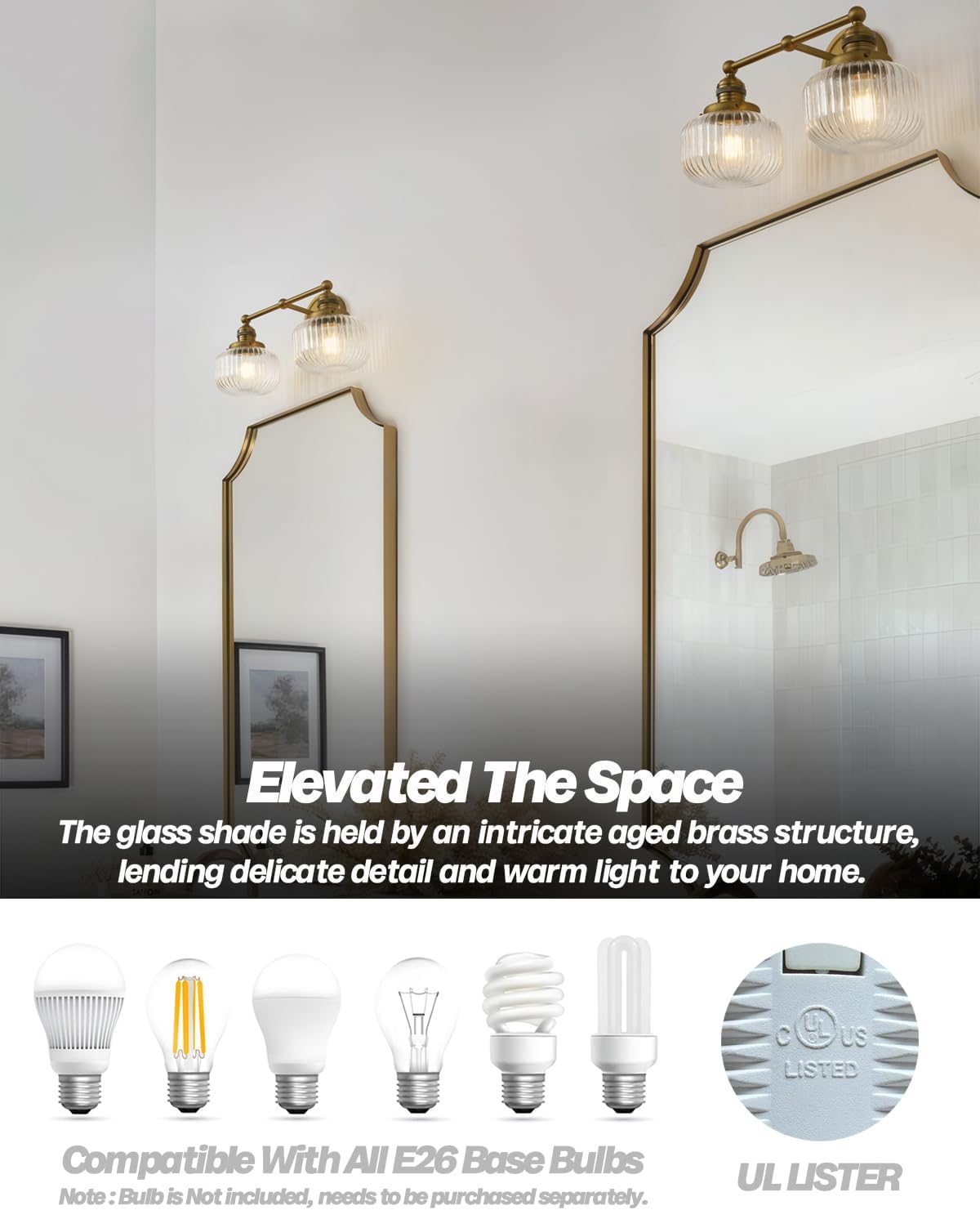 Double Vintage Wall Sconces 2-Lights Brass Gold Bathroom Vanity Light with Clear Striped Glass Shade Indoor Hardwire Wall Sconce Lighting for Bathroom Living Room Bedroom Kitchen
