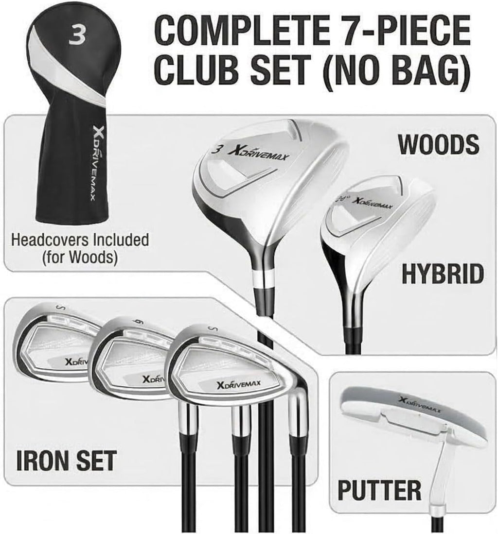 XDriveMax 7-Piece Complete Golf Clubs Set for Men & Women (Left/Right Hand), Advanced Performance Set with Fairway Wood, Hybrid, Irons and Putter, Regular Flex (No Golf Bag Included)