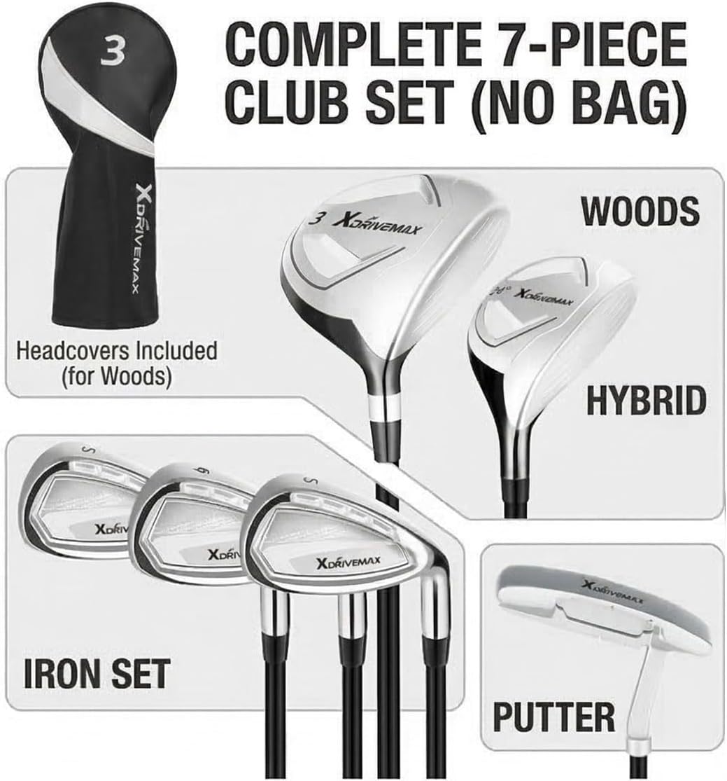 XDriveMax 7-Piece Complete Golf Clubs Set for Men & Women (Left/Right Hand), Advanced Performance Set with Fairway Wood, Hybrid, Irons and Putter, Regular Flex (No Golf Bag Included)