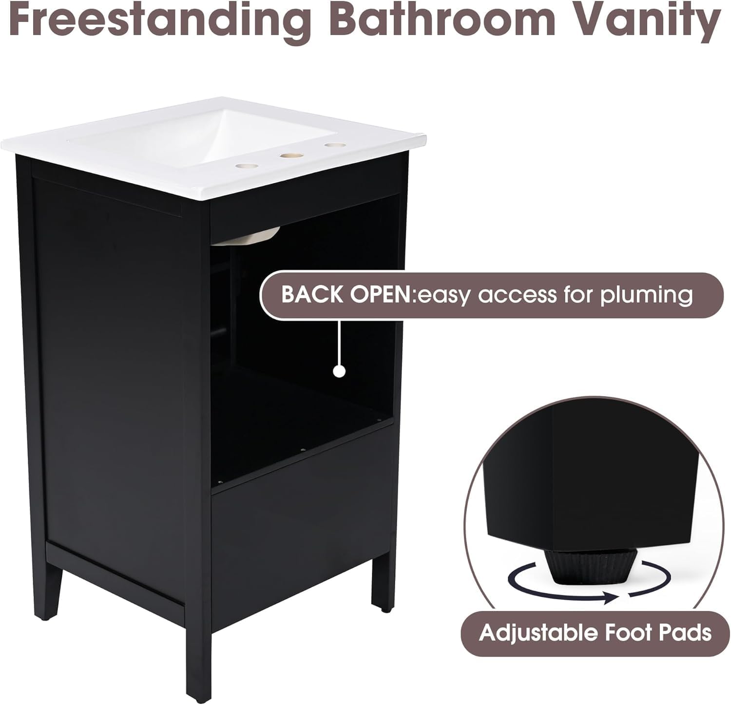 Bellemave 20-inch Bathroom Vanity with Ceramic Sink Combo Set, Solid Wood Frame Bathroom Storage Cabinet with Drawer and Soft Closing Cabinet Door with Storage Rack, Black