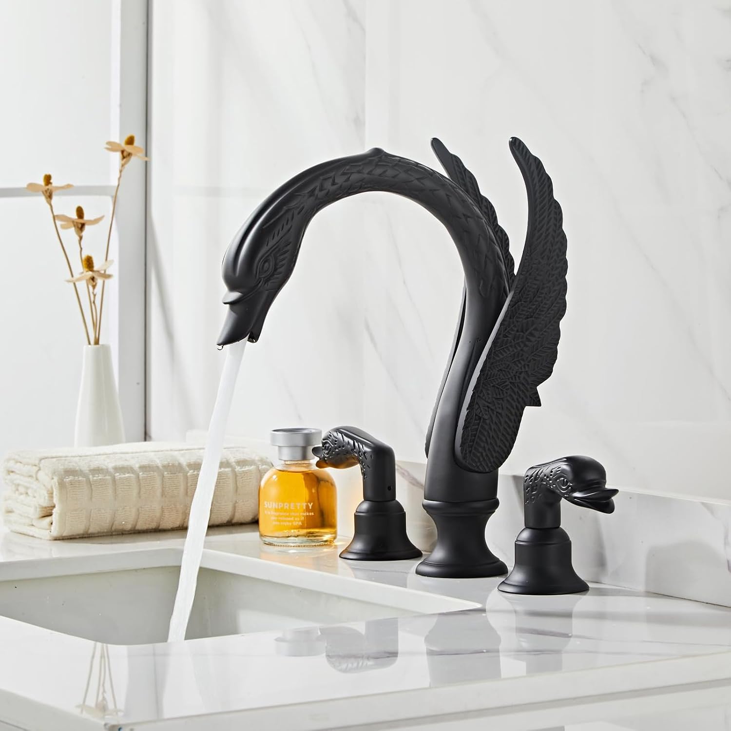 Golden Black Ornate Swan Style Bathroom Sink Faucet Combo Deck Mount Sink Mixer Tap Set Hot Cold Water