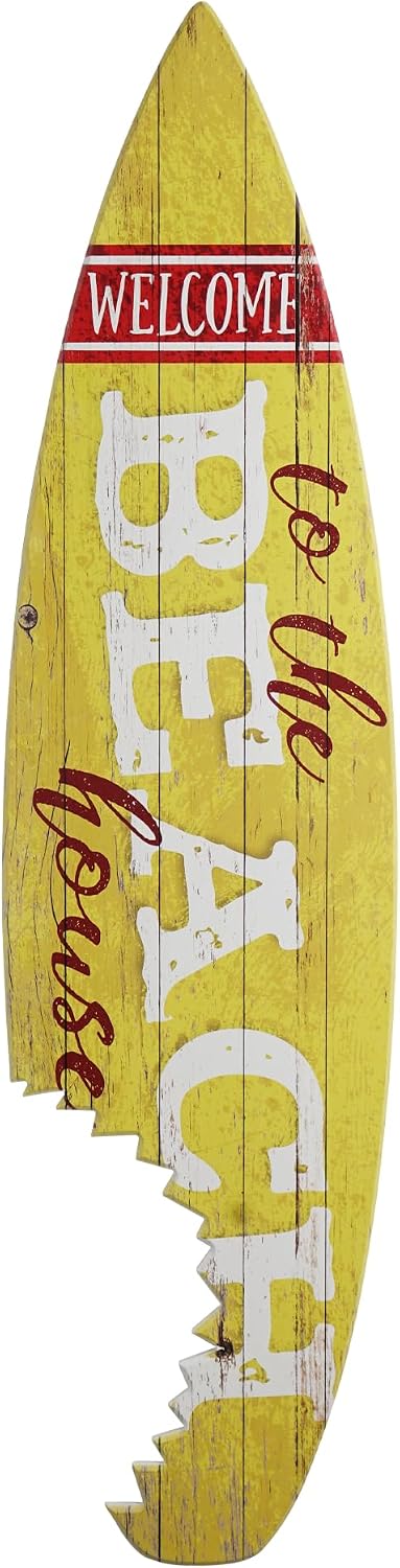 American Art Decor Welcome to the Beach House Shark Bite Wood Surfboard Plaque Wall Art Indoor Decor Sign Beach Themed Plank for Tiki Bar, Bedroom, Living Room, Garage, Man Cave, 60'x15'