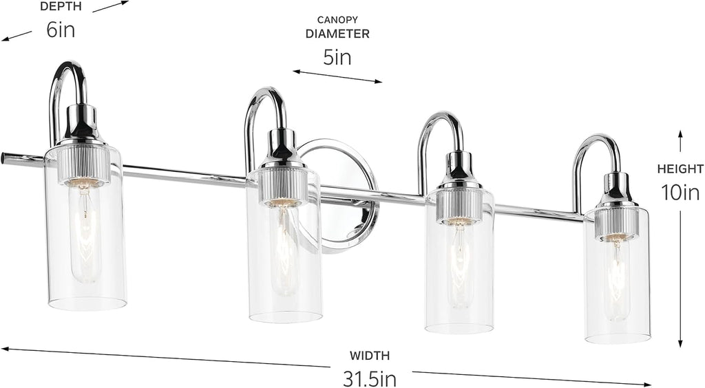 Kichler Kavi 4-Light Bathroom Vanity Light Fixture 31.5' Modern Chrome Finish with Clear Glass Over Mirror, Damp Rated for Powder Room and Bath (31.5' W x 10' H), 55212CH